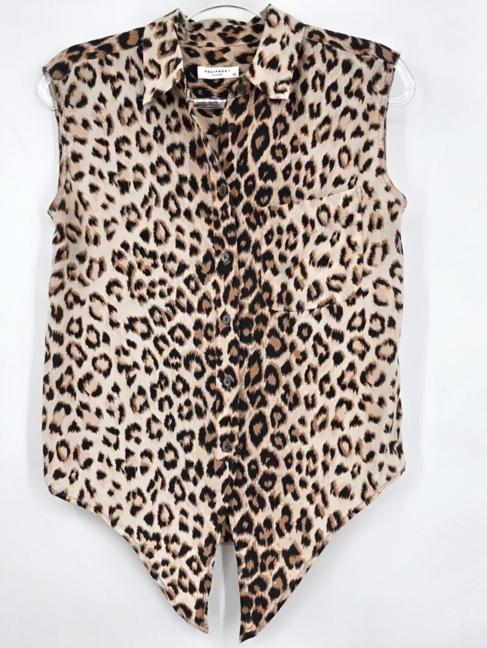 Equipment Femme Sleeveless Lucinda Silk Blouse XS Leopard Print Button Front Tie
